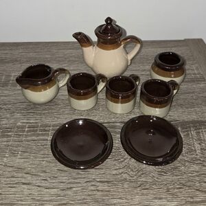 Miniature Mini Tea Set Cups Saucers Teapot Brown Set of 9 Doll Size SEE DESCRIPT